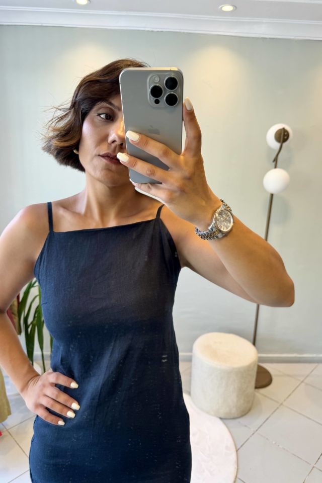 Keten Sırt Dekolteli Midi Yırtmaçlı Elbise Lacivert