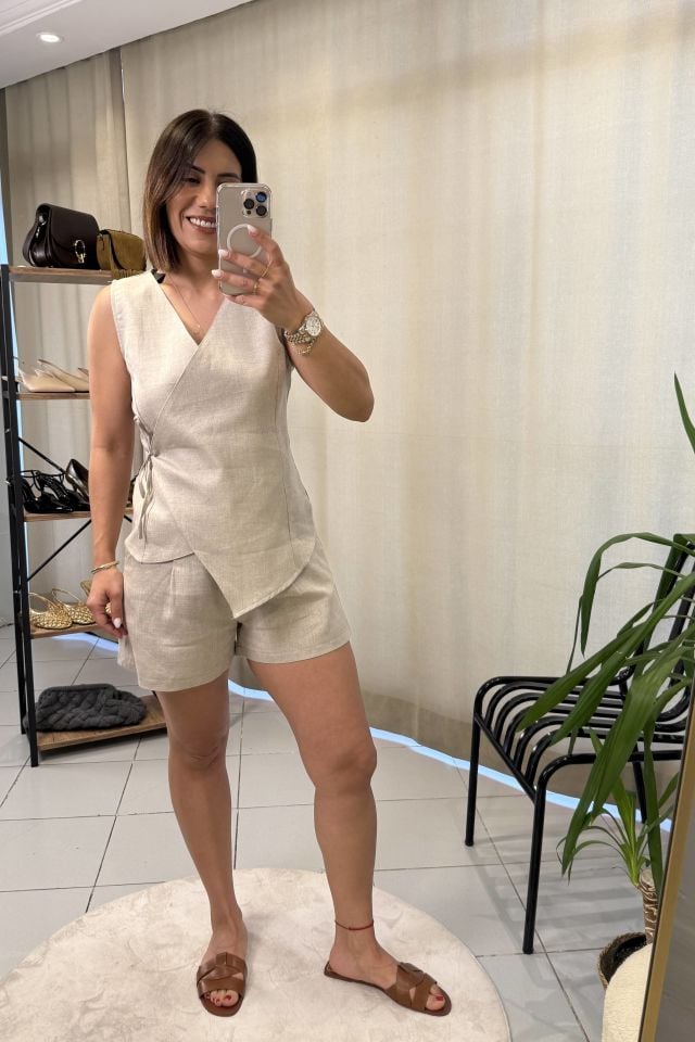 Massi Kruvaze Keten Yelek Naturel