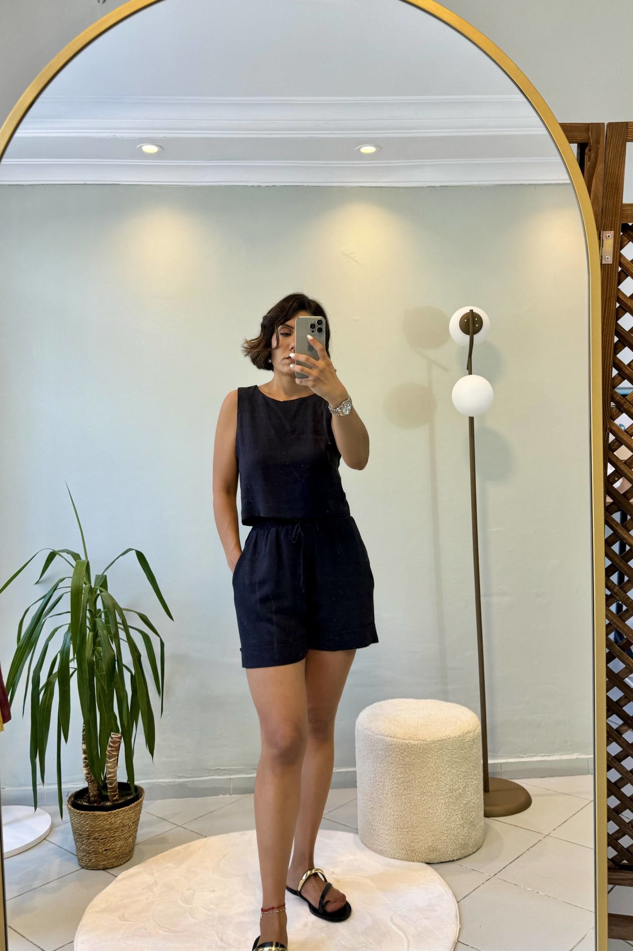 Keten Crop Bluzlu Şortlu Takım Siyah