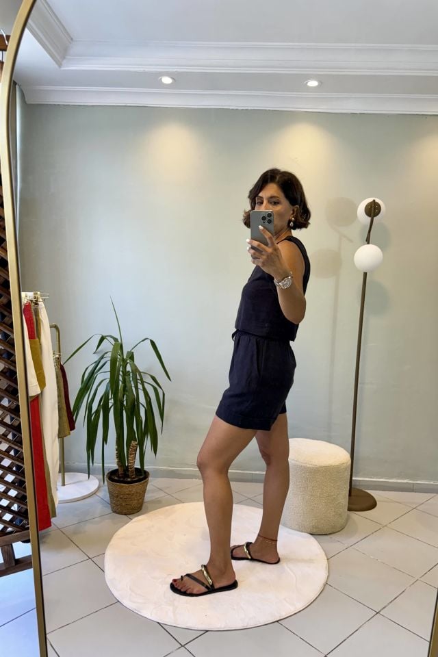 Keten Crop Bluzlu Şortlu Takım Siyah