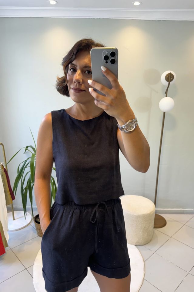 Keten Crop Bluzlu Şortlu Takım Siyah