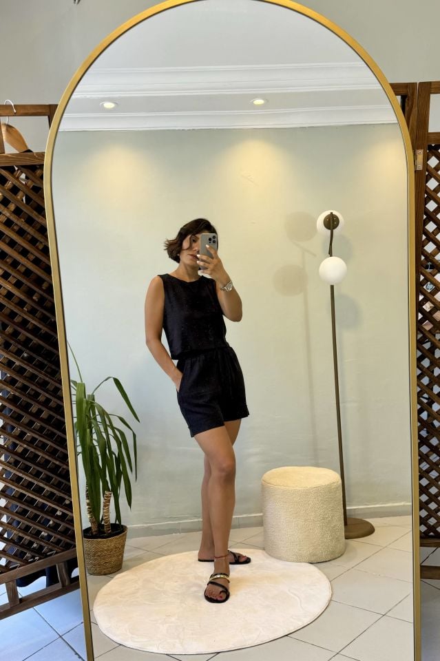 Keten Crop Bluzlu Şortlu Takım Siyah