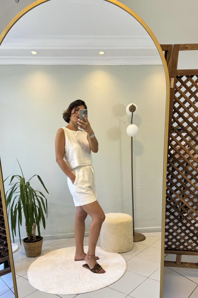 Keten Crop Bluzlu Şortlu Takım Bej