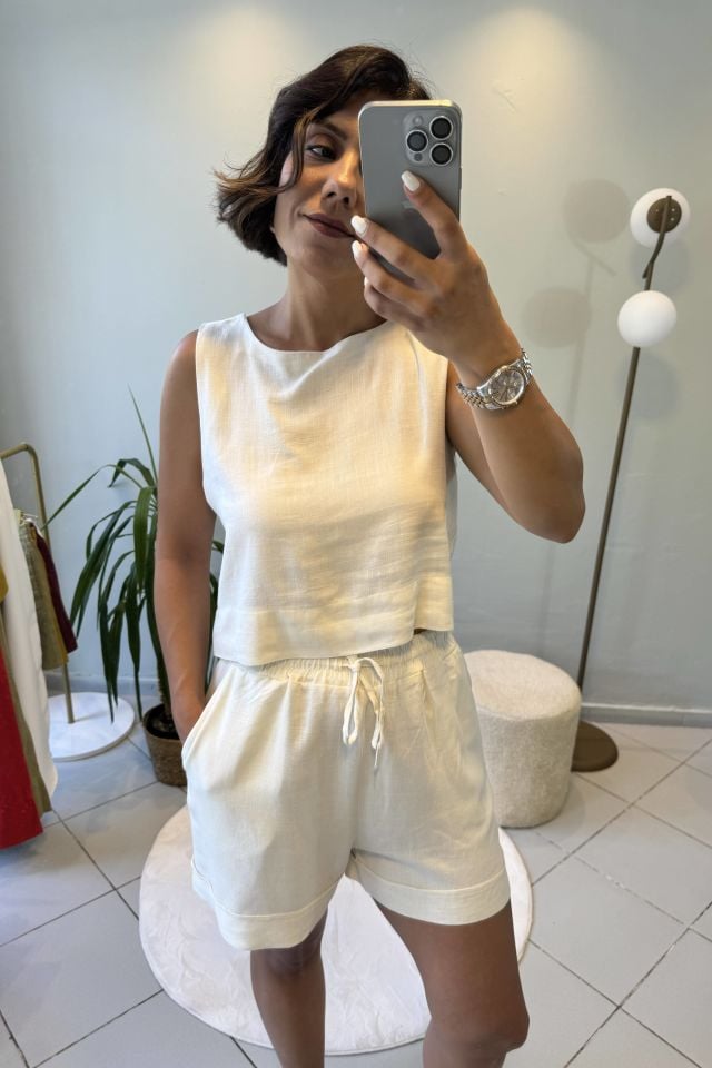 Keten Crop Bluzlu Şortlu Takım Bej