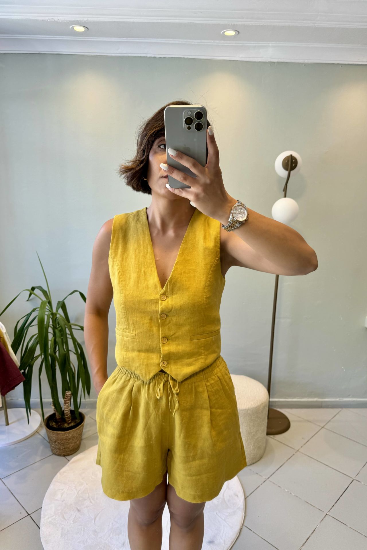 %100 Ham Keten Yelek Hardal