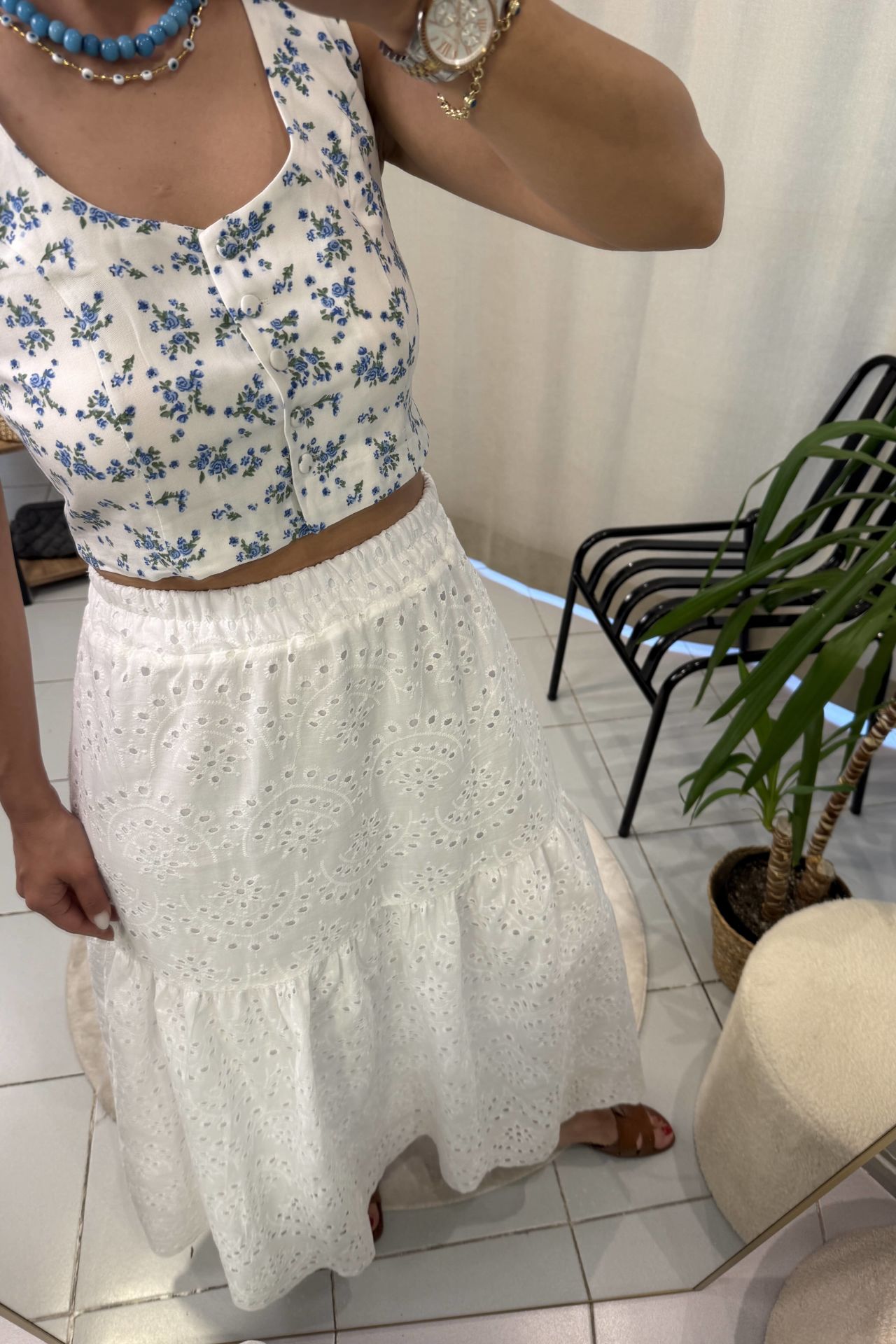 Çiçek Desenli Crop Bluz Mavi