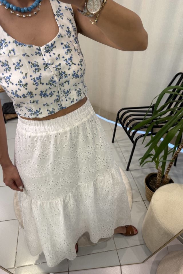 Çiçek Desenli Crop Bluz Mavi