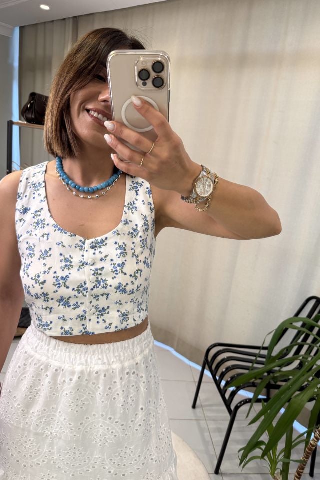 Çiçek Desenli Crop Bluz Mavi