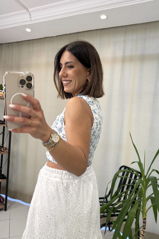 Çiçek Desenli Crop Bluz Mavi