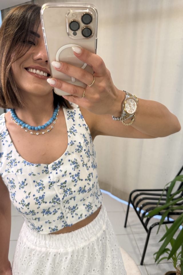 Çiçek Desenli Crop Bluz Mavi