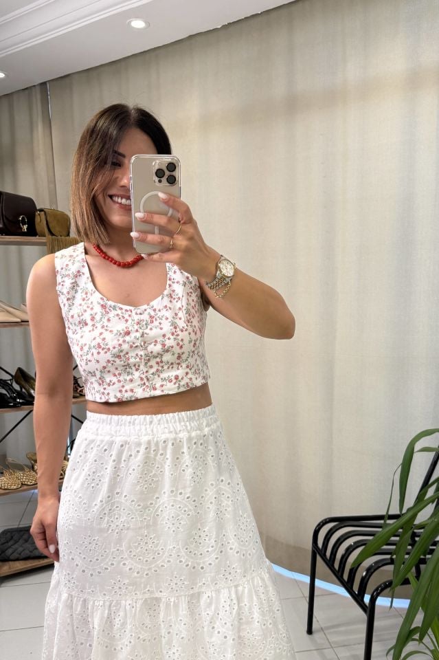 Çiçek Desenli Crop Bluz Pembe
