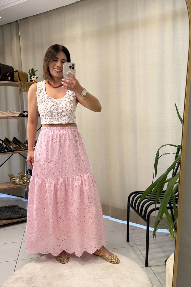 Çiçek Desenli Crop Bluz Pembe