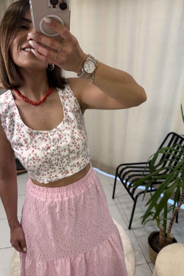 Çiçek Desenli Crop Bluz Pembe
