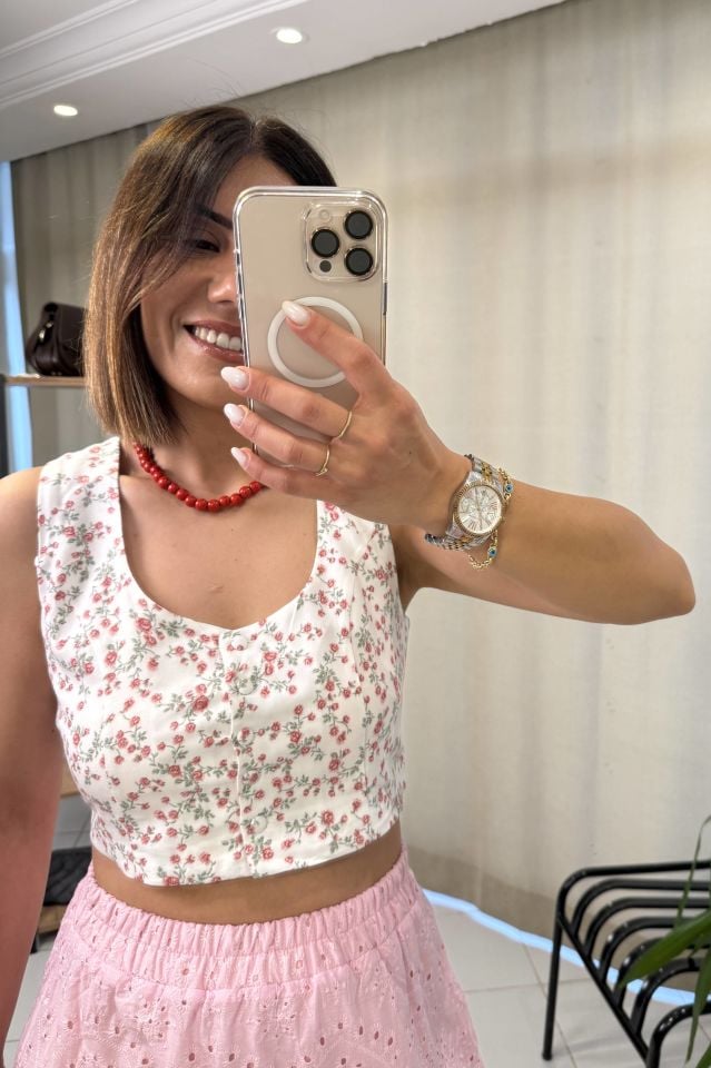 Çiçek Desenli Crop Bluz Pembe