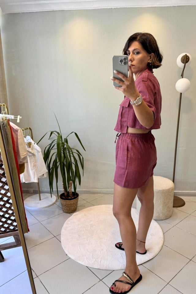 %100 Ham Keten Cepli Crop Gömlek Bordo