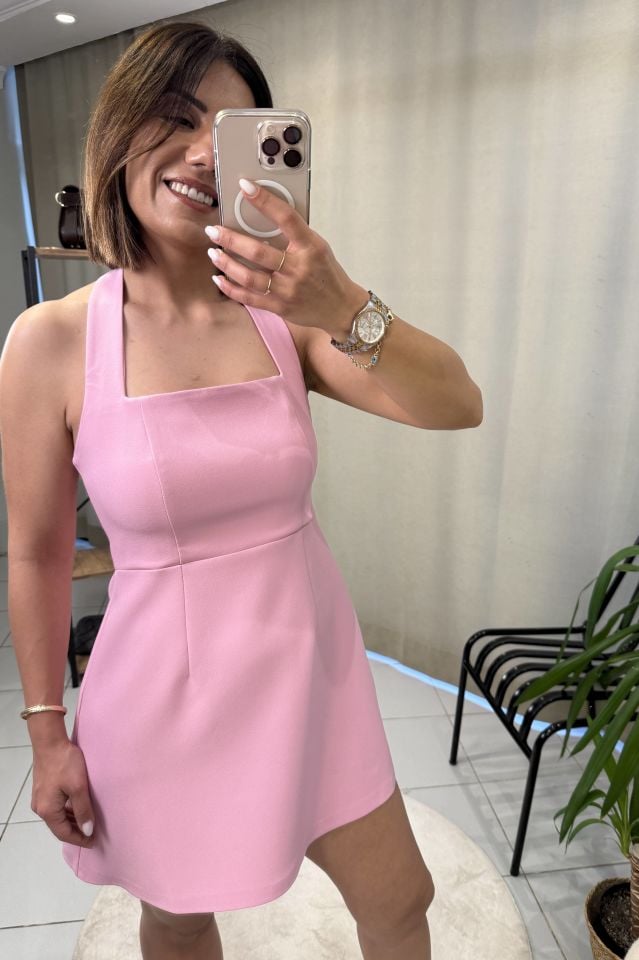 Boyundan Bağlı Mini Elbise Pembe