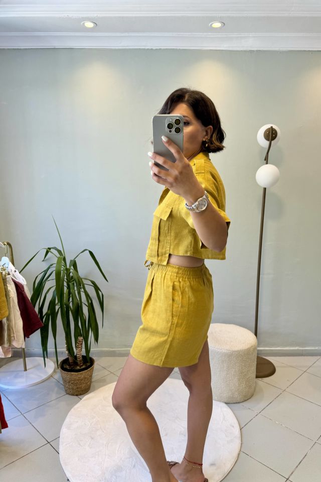 %100 Ham Keten Cepli Crop Gömlek Hardal