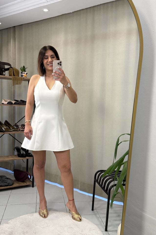 V Yaka Boyundan Bağlı Mini Elbise Beyaz