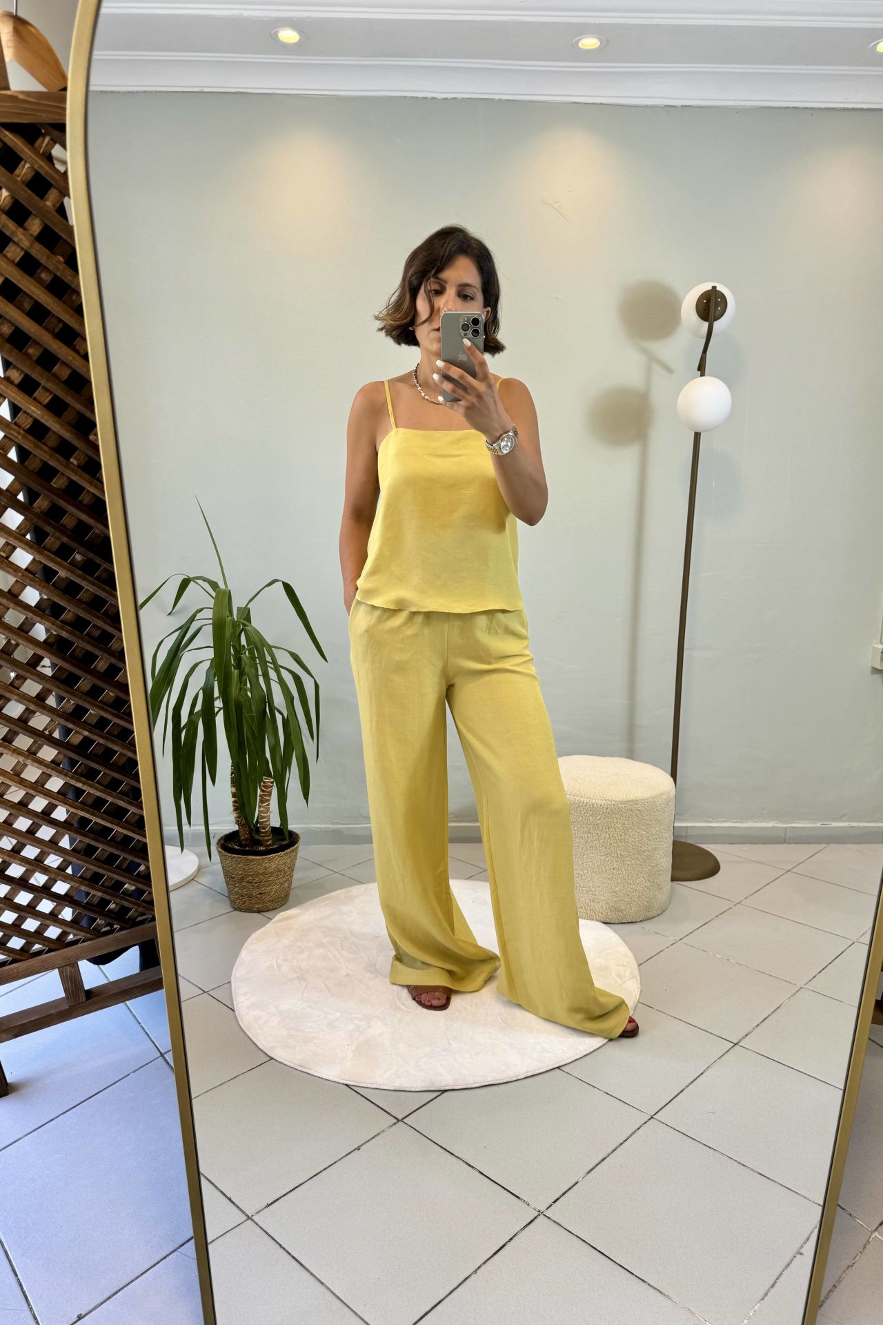 Keten Askılı Bluzlu Pantolon Takım Hardal