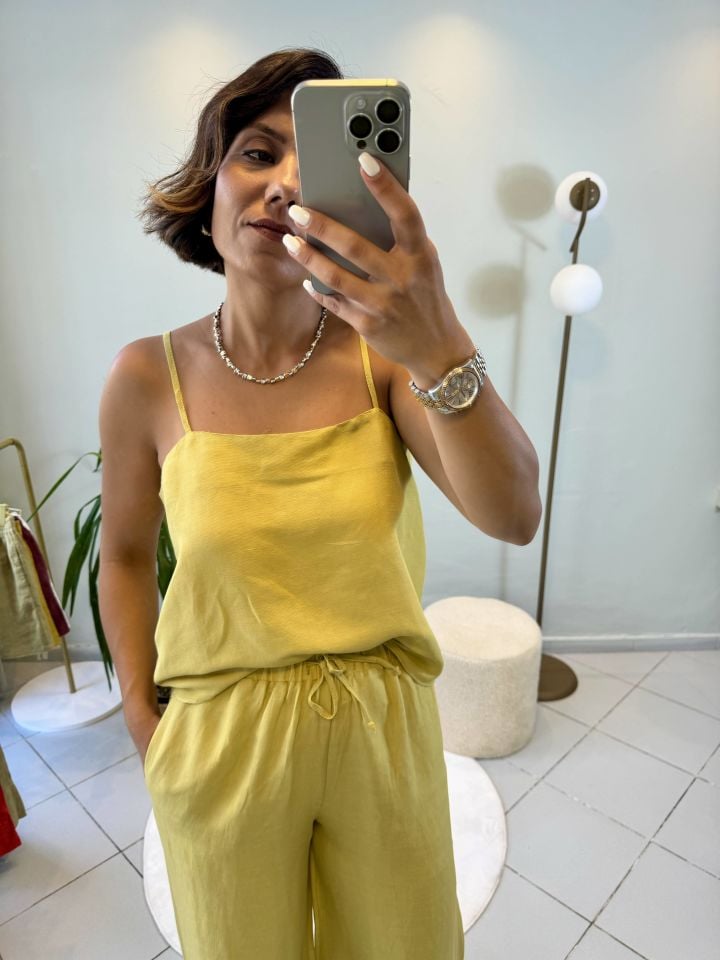 Keten Askılı Bluzlu Pantolon Takım Hardal