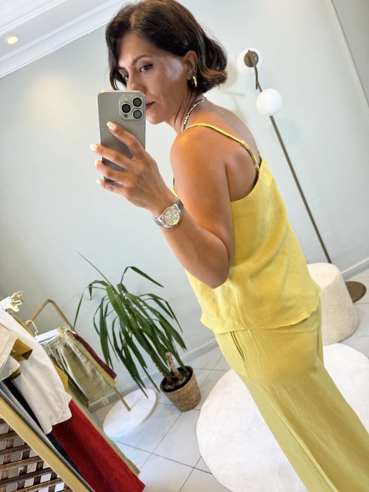 Keten Askılı Bluzlu Pantolon Takım Hardal