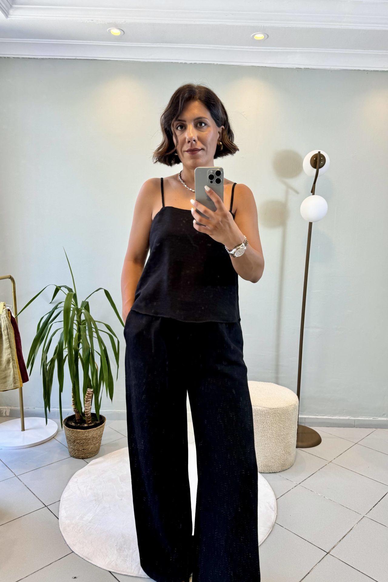 Keten Askılı Bluzlu Pantolon Takım Siyah