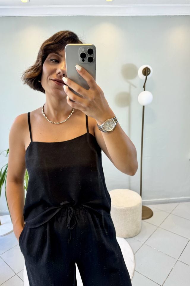 Keten Askılı Bluzlu Pantolon Takım Siyah