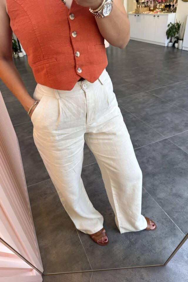 %100 Ham Keten Palazzo Pantolon Bej