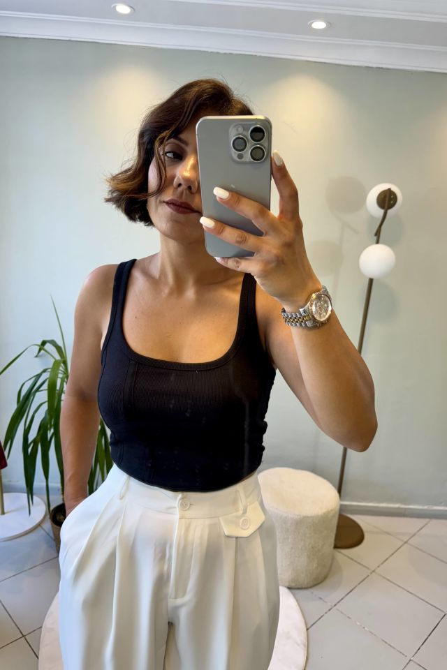 Pileli Havuç Model Bileği Düğmeli Pantolon Beyaz