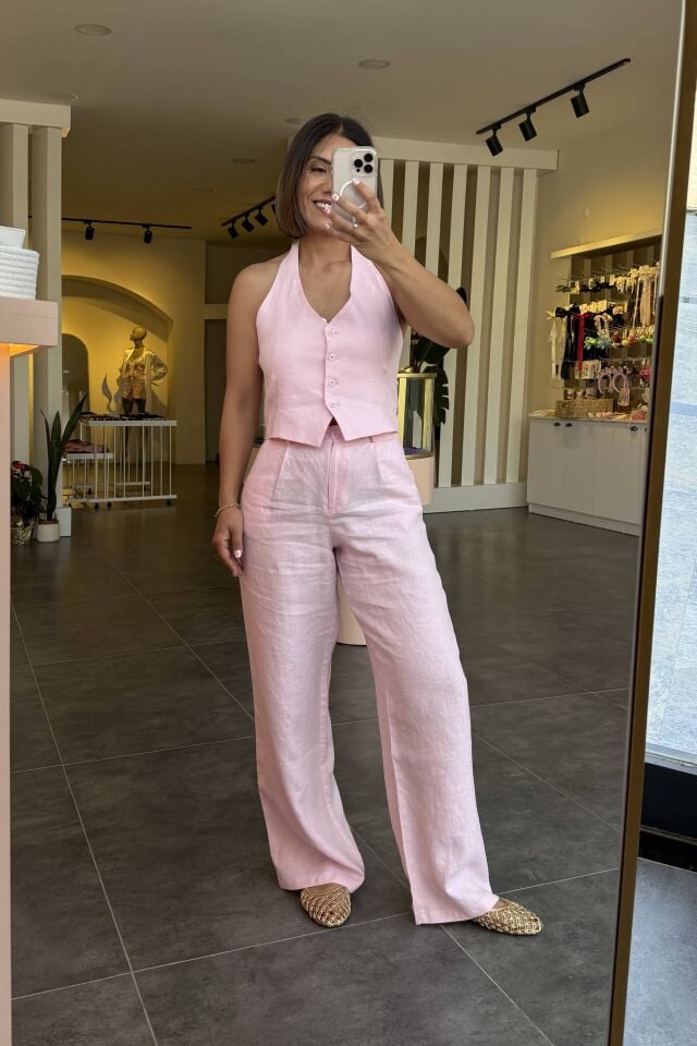 %100 Ham Keten Palazzo Pantolon Pembe