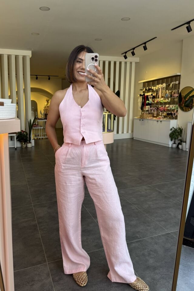 %100 Ham Keten Palazzo Pantolon Pembe