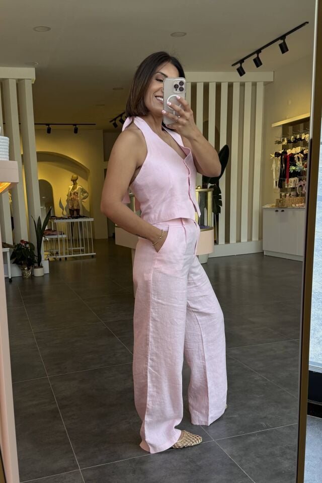 %100 Ham Keten Palazzo Pantolon Pembe