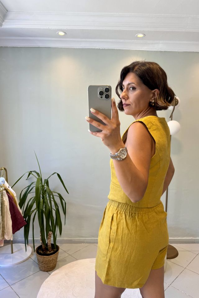 %100 Ham Keten Bağcıklı Şort Hardal