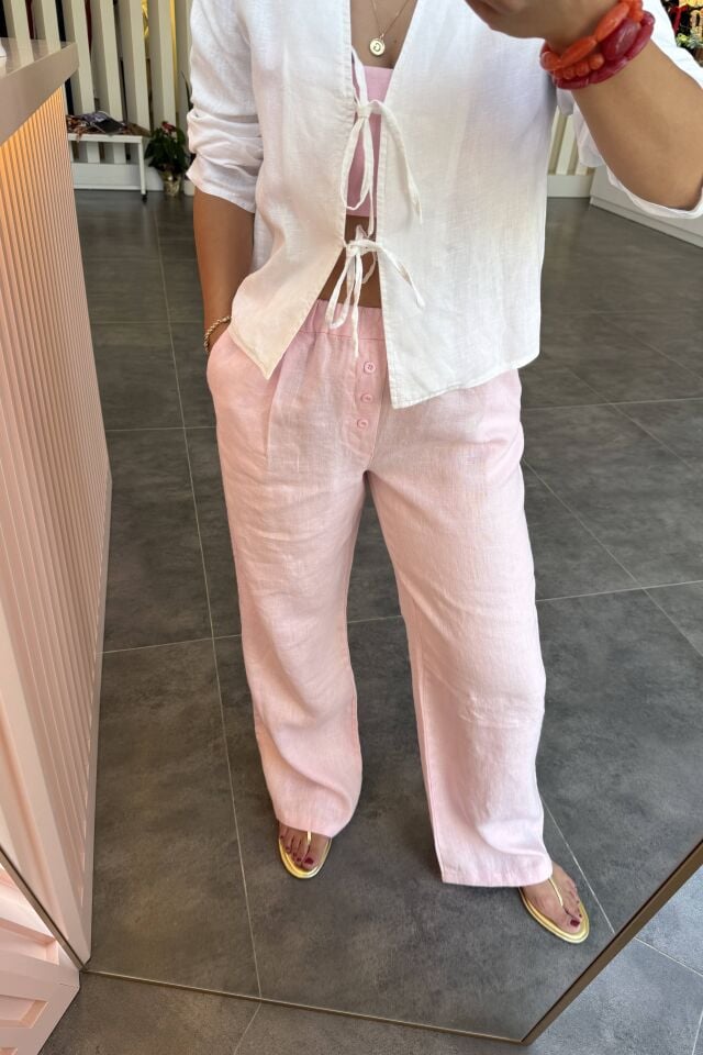 %100 Ham Keten Beli Lastikli Pantolon Pembe