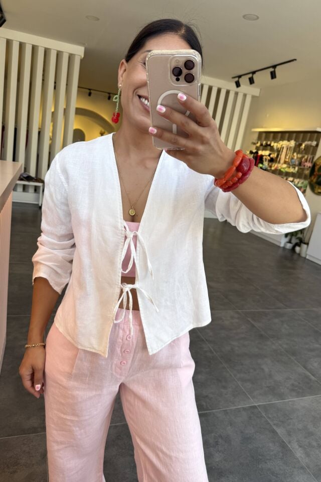 %100 Ham Keten Beli Lastikli Pantolon Pembe