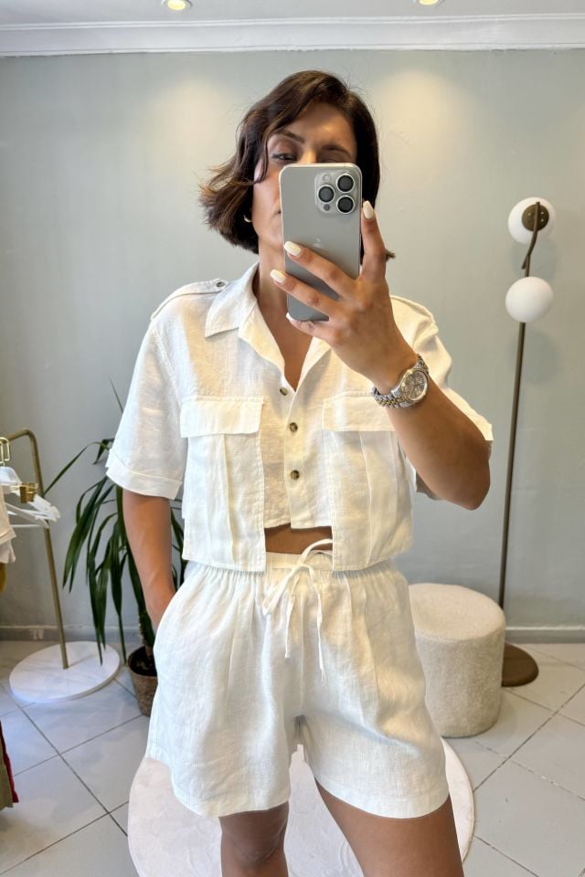 %100 Ham Keten Bağcıklı Şort Beyaz