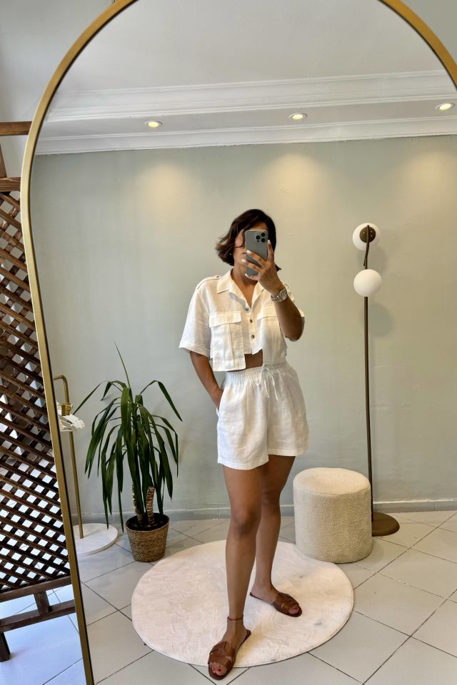 %100 Ham Keten Bağcıklı Şort Beyaz