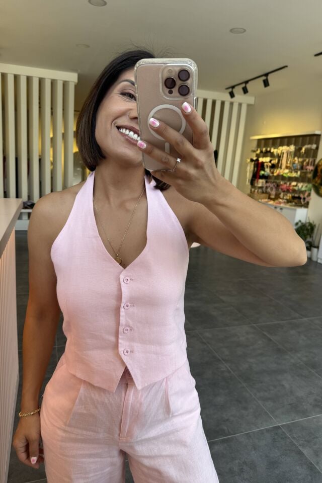 %100 Ham Keten Boyundan Bağlı Yelek Pembe