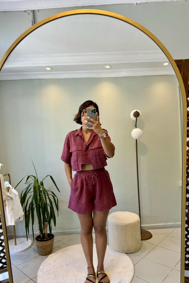 %100 Ham Keten Bağcıklı Şort Bordo