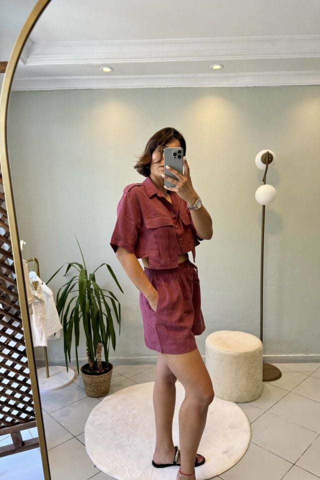 %100 Ham Keten Bağcıklı Şort Bordo