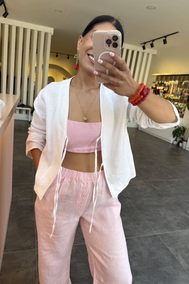 %100 Ham Keten Büstiyer Pembe