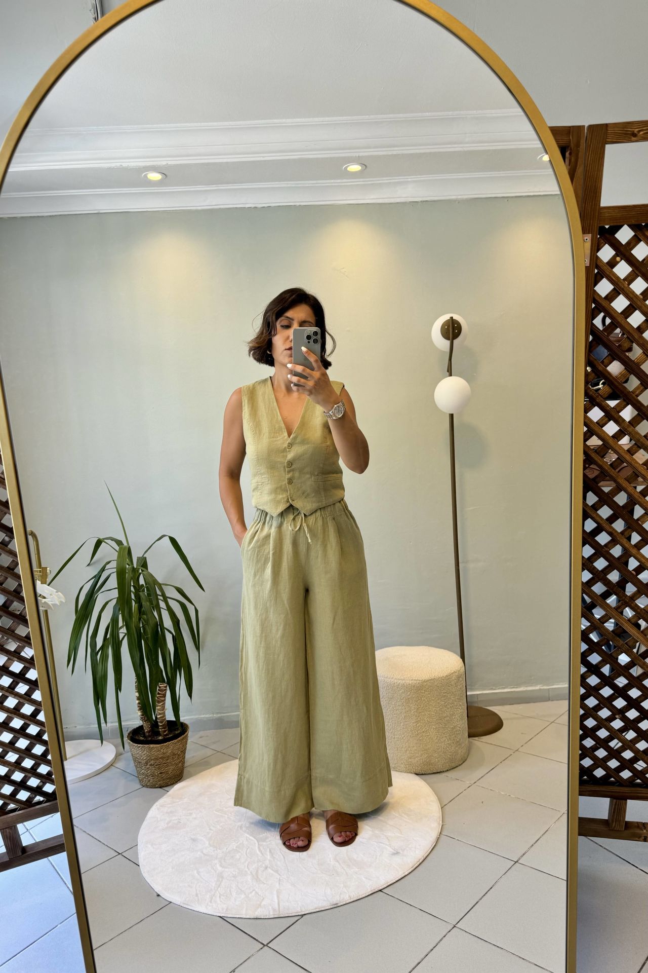 %100 Ham Keten Bağcıklı Duble Paça Pantolon Yeşil