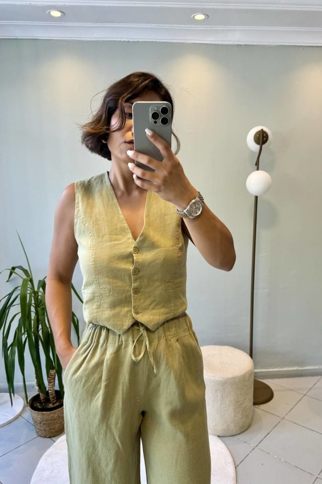 %100 Ham Keten Bağcıklı Duble Paça Pantolon Yeşil