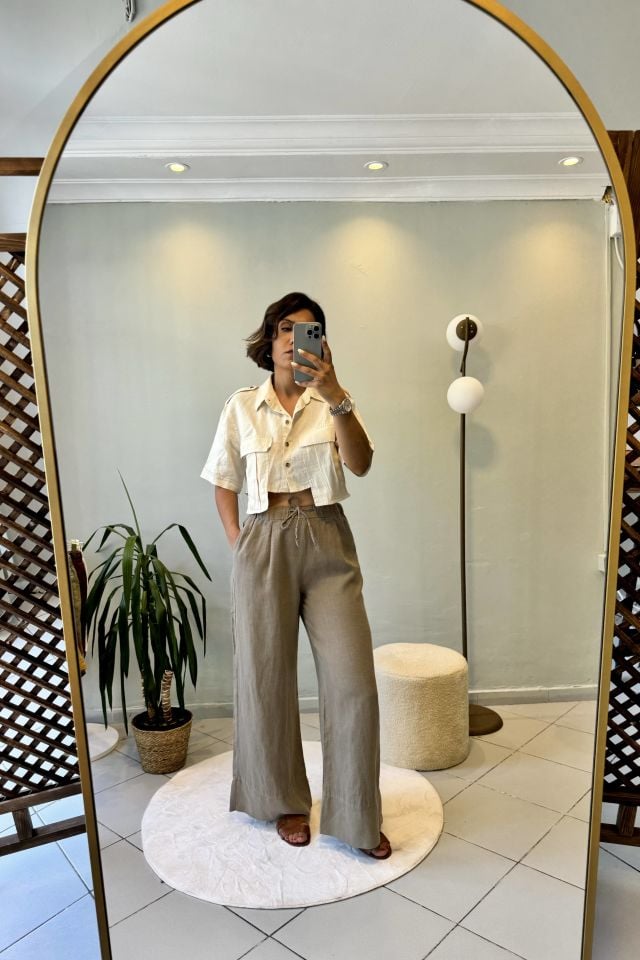 %100 Ham Keten Bağcıklı Duble Paça Pantolon Haki