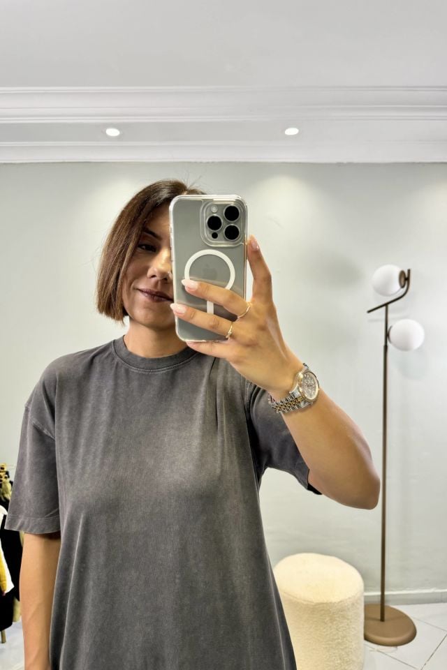 Bisiklet Yaka Kısa Kollu Yırtmaçlı Elbise Antrasit