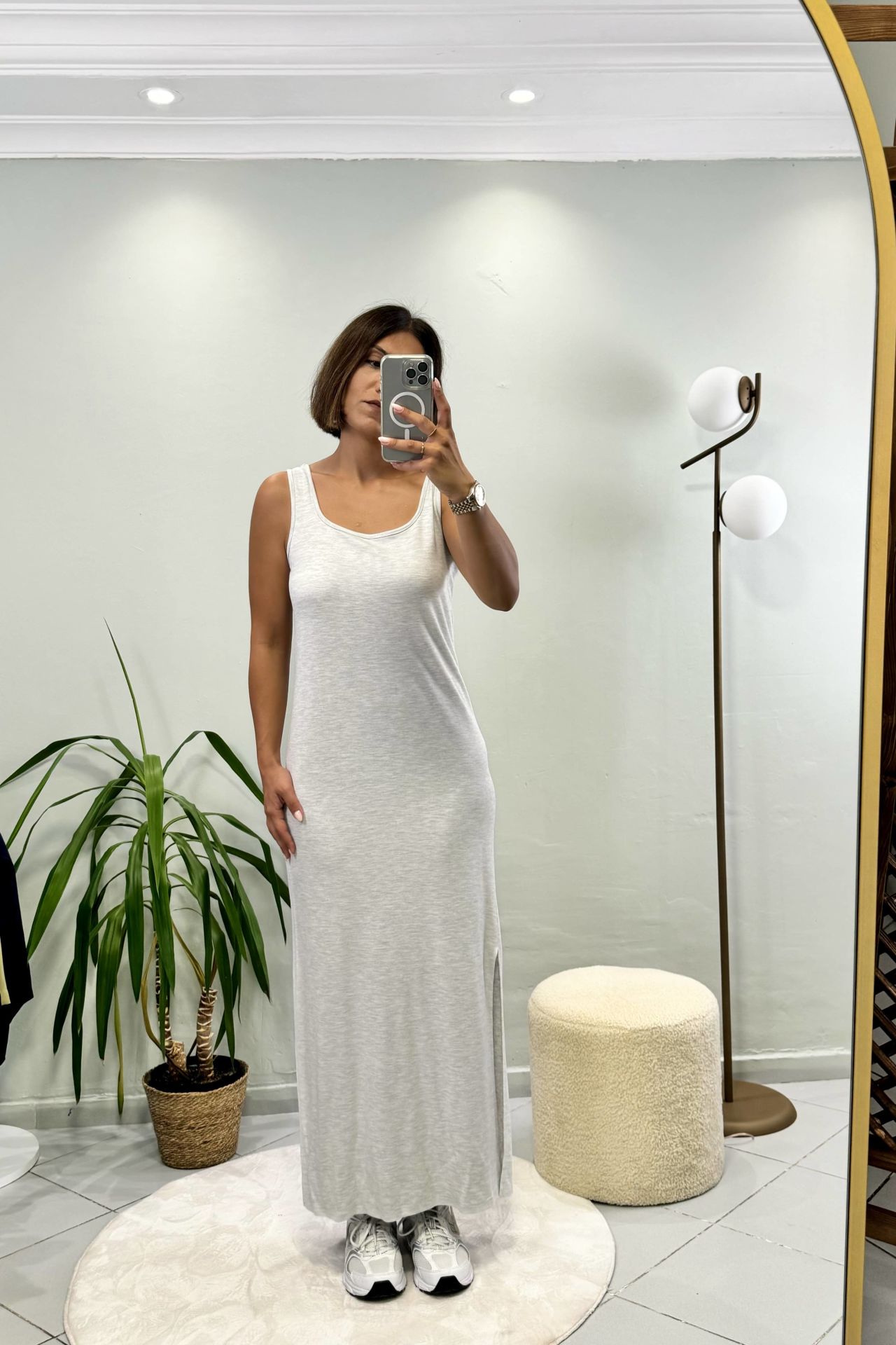 Modal Askılı Yırtmaçlı Maxi Elbise Gri Melanj