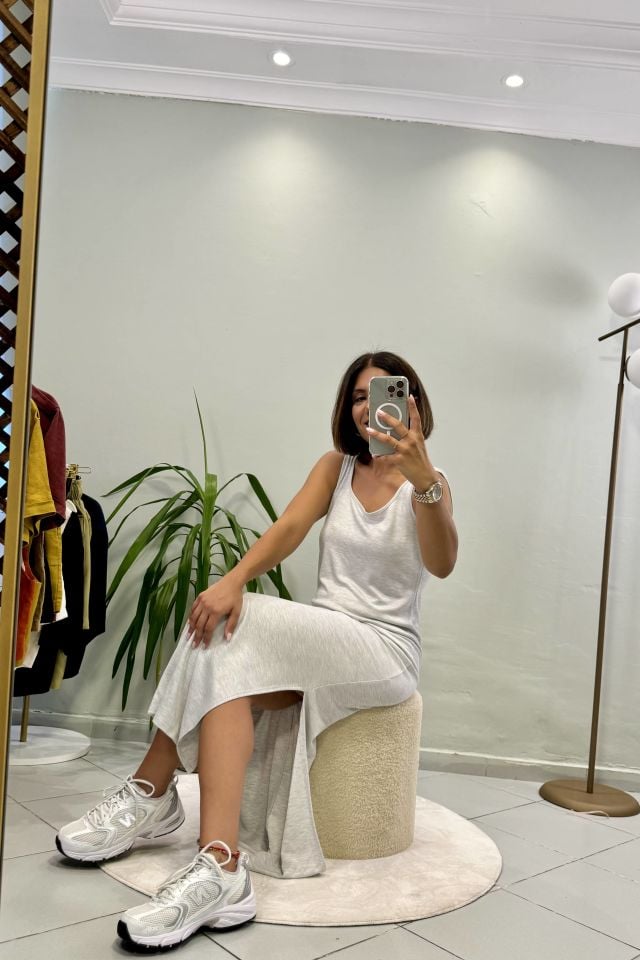 Modal Askılı Yırtmaçlı Maxi Elbise Gri Melanj