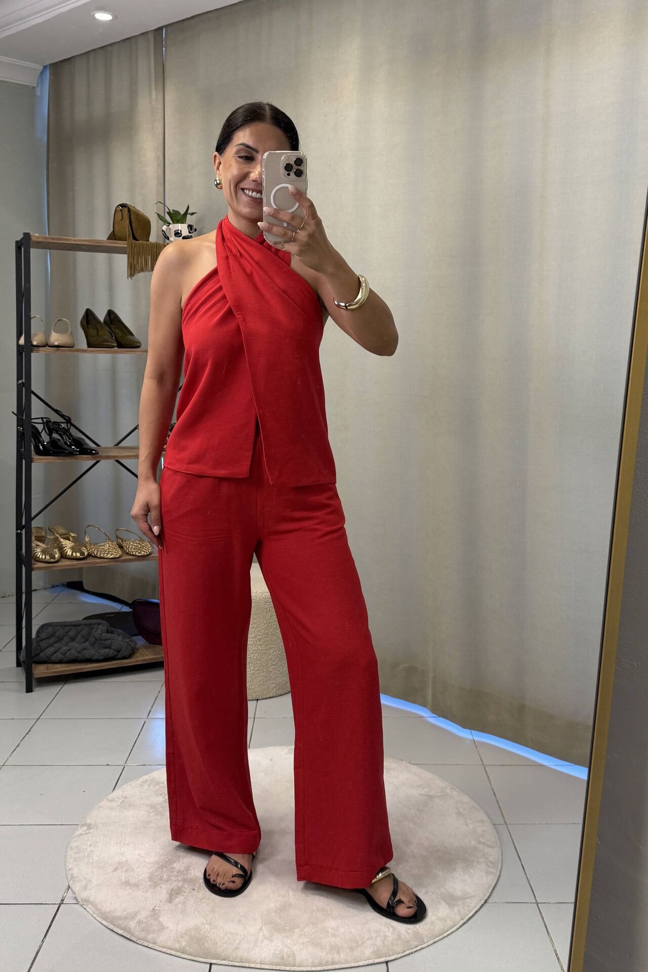 Boyundan Bağlamalı Bluz Pantolon Takım Kırmızı