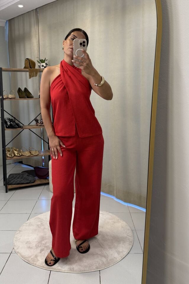 Boyundan Bağlamalı Bluz Pantolon Takım Kırmızı