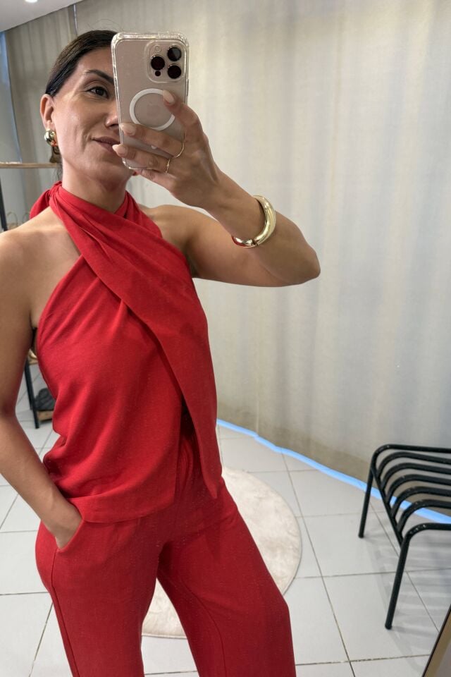 Boyundan Bağlamalı Bluz Pantolon Takım Kırmızı